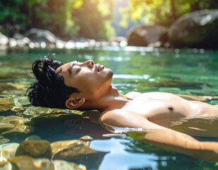 Serene relaxation: Young man floating peacefully in a crystal clear tropical river