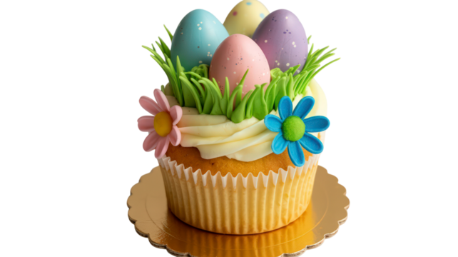 Delightful Cupcake Decorated with Cream, Flowers and Pastel Easter Eggs on Gold Plate as Dessert or Sweet Treat and Food Still Life Photography on Transparent Background