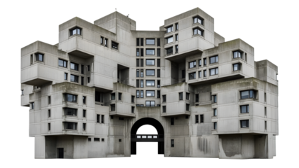 Brutalist concrete apartment building with geometric balconies and many windows isolated on a transparent background