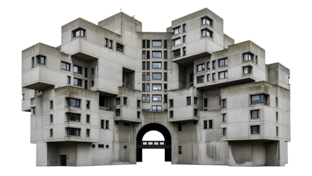 Brutalist concrete apartment building with geometric balconies and many windows isolated on a transparent background