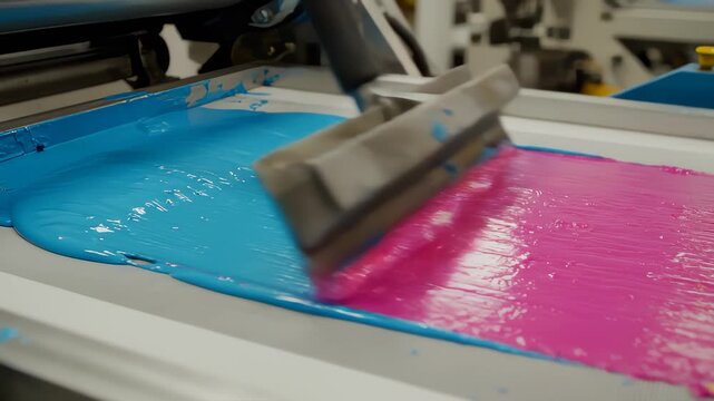 Applying Different Color Inks With Squeegee on Screen Printing Machine