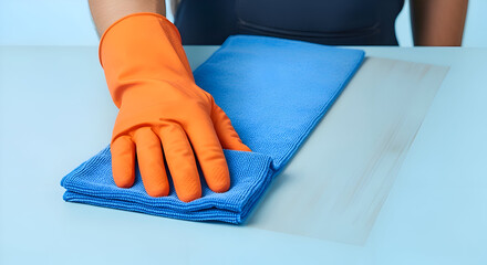 Hand in an orange rubber glove cleaning a light blue surface with a microfiber cloth.