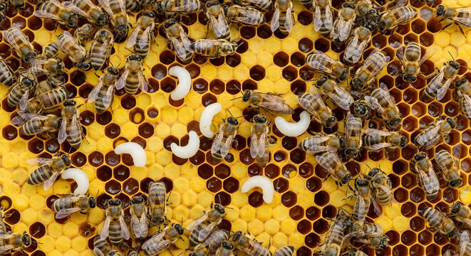 Busy Honeycomb Frame with Worker Bees Tending to Larvae and Pollen.