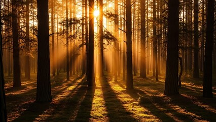 Dramatic Golden Sunbeams and Long Shadows in a Serene Pine Forest.