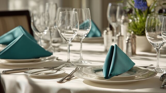 Elegant dining table set for an upscale meal during a daytime event in a bright restaurant, Transformative Teal