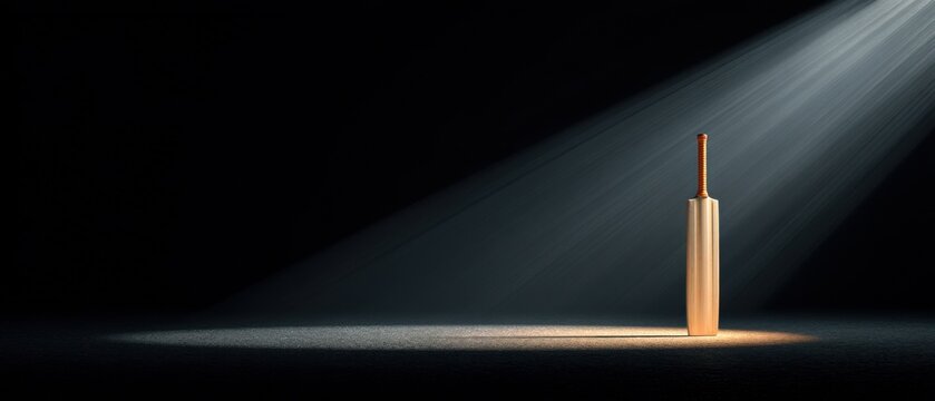 Cricket bat standing under spotlight on dark background