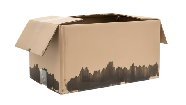 Cardboard shipping box with dark stain pattern on lower half isolated on a transparent background cardboard box