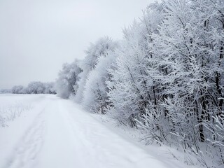Obraz premium Snowy winter landscape with a snowcovered path leading through a field bordered by trees heavily frosted with white rime ice under a pale sky