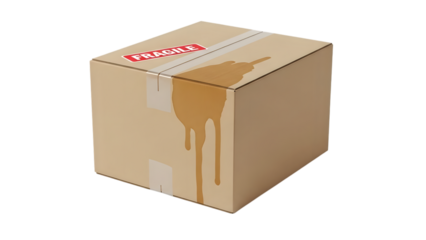 Cardboard Shipping Box with Fragile Sticker and Liquid Spill isolated on a transparent background cardboard box