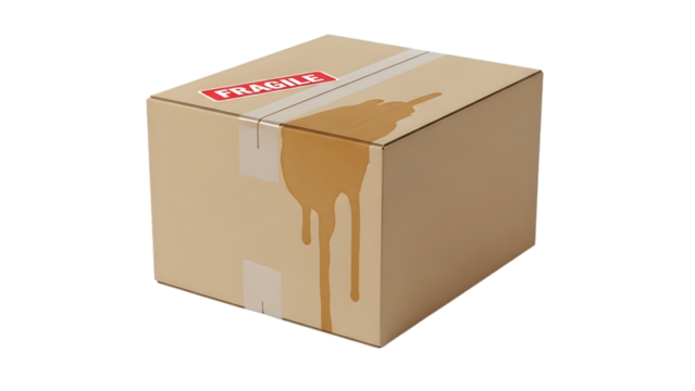 Cardboard Shipping Box with Fragile Sticker and Liquid Spill isolated on a transparent background cardboard box