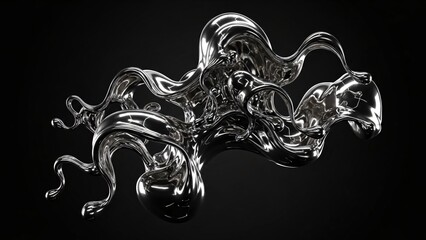 A dynamic abstract sculpture of flowing, reflective silver liquid metal against a dark background, showcasing intricate curves and organic forms.