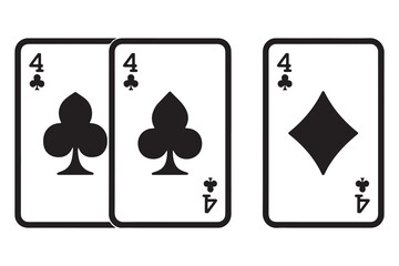 Three playing cards showing the number four of spades and diamonds suits