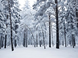 Dense evergreen forest covered in thick fresh snow creating a beautiful winter wonderland scene with tall dark tree trunks contrasting the white landscape