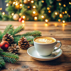 Cup of coffee surrounded by Christmas decorations
