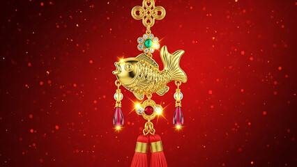 A golden fish pendant with red tassels and gemstones against a red background with bokeh lights, symbolizing prosperity and good fortune.