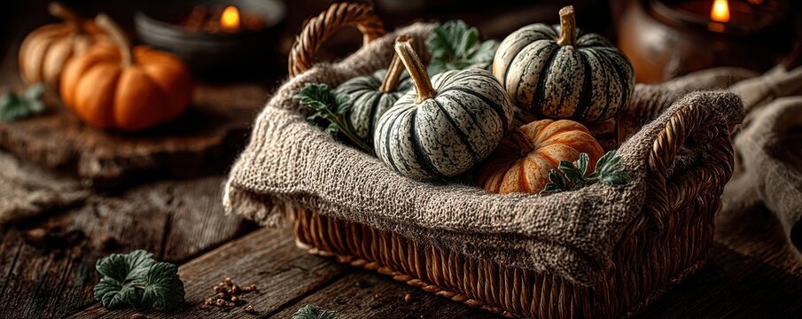 Rustic autumn basket of pumpkins on dark wood with cozy candles and fall decor