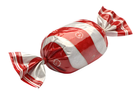 red and white wrapped candy isolated on white background, minimal sweet Christmas element, glossy wrapper, soft shadow
