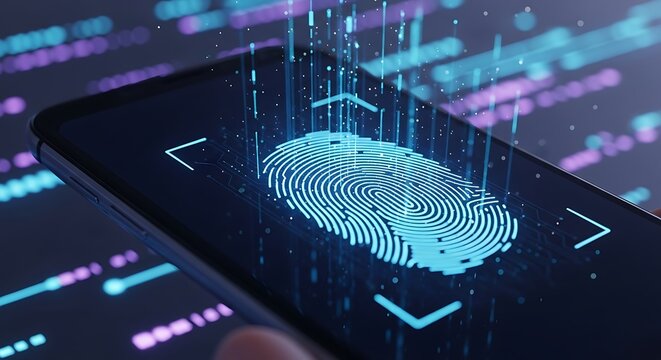 Cybernetic Biometric Authentication - Glowing Fingerprint on Smartphone Screen with Data Flow.