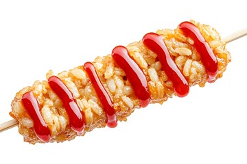 Delicious fried rice cake on a stick drizzled with ketchup sauce against a pristine white background showcasing the culinary artistry of street food delights.