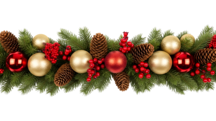 Christmas garland with pine cones red berries and gold and red baubles isolated on a transparent background