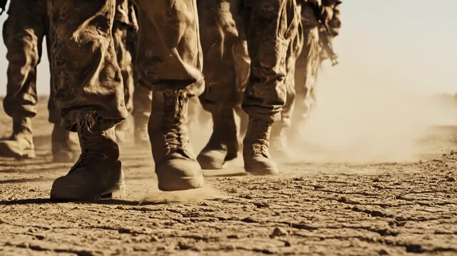 Close up low angle shot of military soldier boot marching in formation across dry, dusty desert terrain kicking up dirt