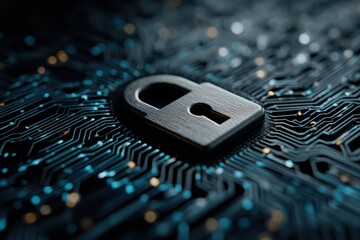 Futuristic digital background with a padlock icon on a circuit board representing cybersecurity