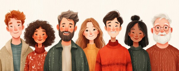 Group of diverse, smiling people standing together, showcasing friendship, unity, and warmth