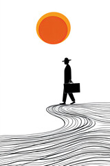 Minimalist line art illustration of a refugee carrying a briefcase under a bright sun