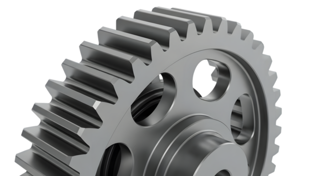 Close up of a metallic gear with multiple teeth and circular cutouts isolated on a transparent background