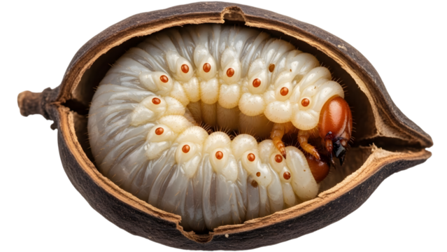 Close up of a large white grub with orange eyes curled inside a brown seed pod isolated on a transparent background