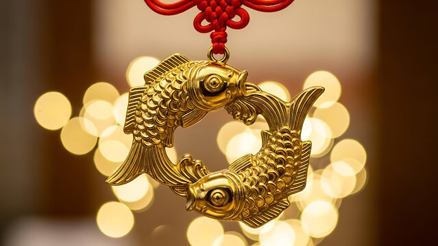 Golden fish ornament with a red knot hanging against a bokeh background.