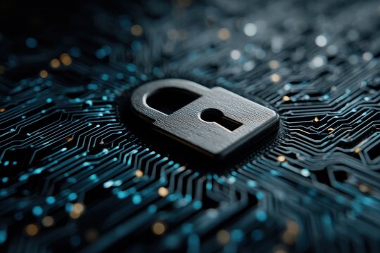 Futuristic digital background with a padlock icon on a circuit board representing cybersecurity
