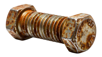 Close up of a rusty hex head bolt with visible threads and corrosion isolated on a transparent background