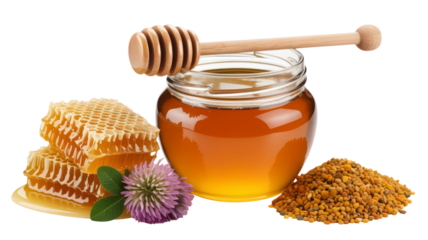 Honey Jar with Honeycomb and Dipper on Transparent Background Sweet Golden Nectar Natural Food Bee Product Organic Healthy Delicious Dessert