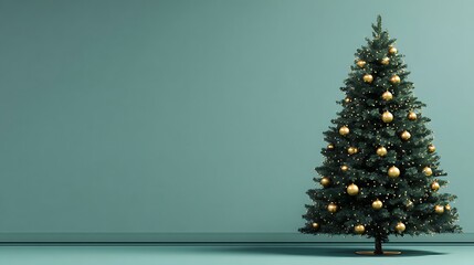 Decorated evergreen tree stands proudly against a solid muted teal background with ample copy space