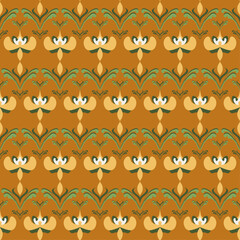 seamless repeating vertical damask pattern featuring stylized floral motifs in yellow pale green and dark green against a rich burnt orange background a bold 60s - 70s vintage aesthetic vector