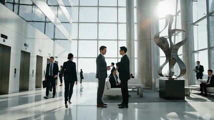 Business professionals walking through a modern, sunlit corporate lobby with elevators and contemporary sculpture, conveying success and ambition