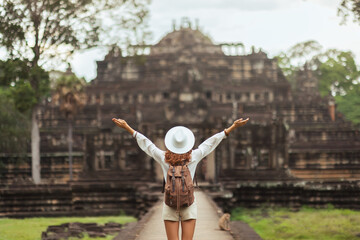 Baphuon Temple Traveler On Causeway, Angkor Thom, Cambodia Tourism