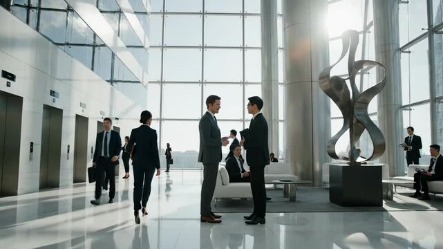 Business professionals walking through a modern, sunlit corporate lobby with elevators and contemporary sculpture, conveying success and ambition