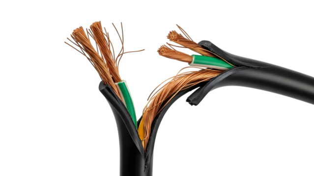 Close up of frayed electrical wires with exposed copper strands and green and yellow insulation isolated on a transparent background