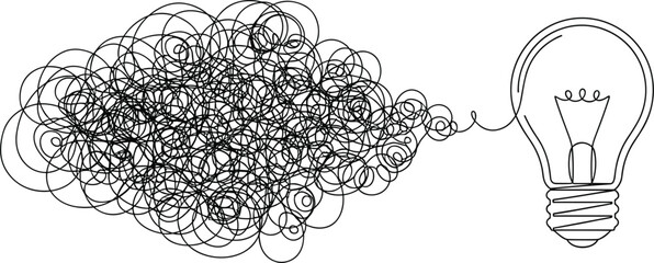 Minimalist Single-Line Light Bulb Emerging from Chaotic Wire Scribbles.