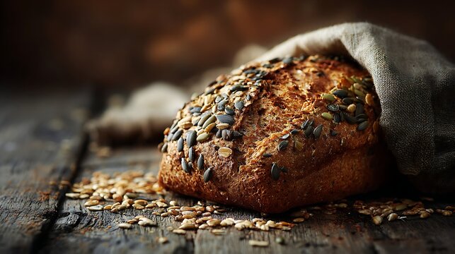 Rustic multigrain loaf partially covered by rough fabric rests on weathered wooden surface