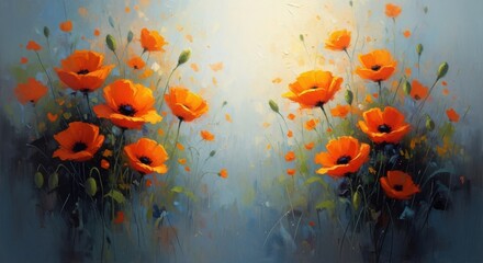 Vibrant orange poppies bloom in a dreamy impressionistic style with soft light