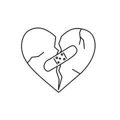 A simple line art of a cracked and broken heart mended with a bandage, symbolizing healing a broken heart, recovery from pain, emotional repair, and resilience.