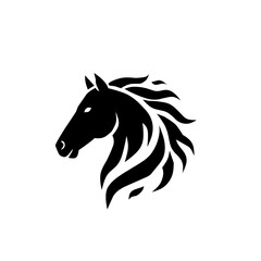 A striking black silhouette of a horse's head in profile, featuring a powerful, stylized mane that flows like flames or water, symbolizing strength, speed, and elegance.