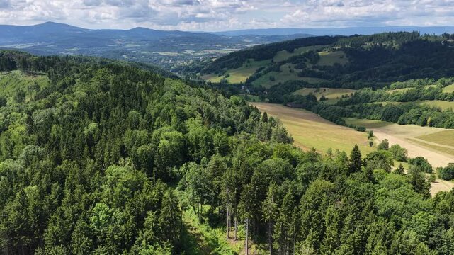 Aerial drone summer panoramic view of Ladek Zdroj town nestled in scenic Klodzko Valley Poland, surrounded by lush greenery and rolling hills of the Golden Mountains