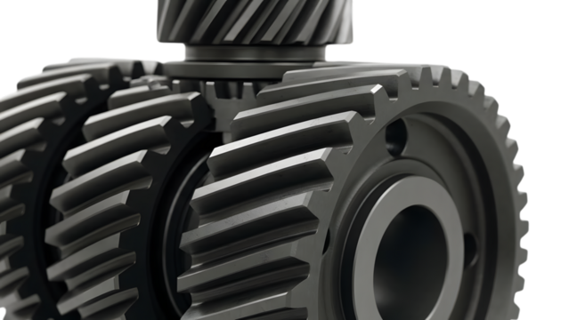 Close up of metal gears meshing together in a mechanical assembly isolated on a transparent background