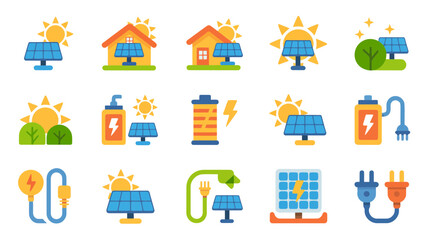 Solar energy icons collection with sun panels batteries and plugs