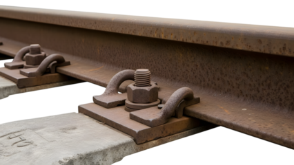 Close up of rusty railroad track fasteners and concrete sleeper isolated on a transparent background
