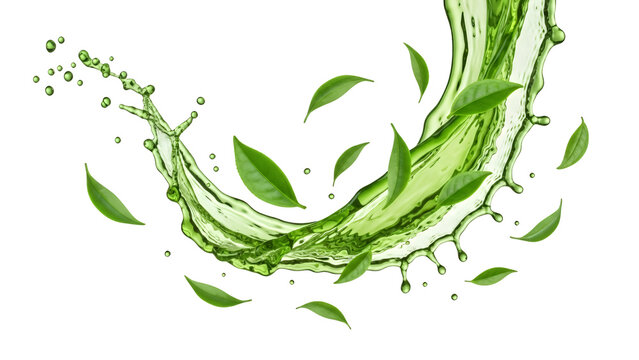 Vibrant green tea liquid splash with fresh leaves in dynamic motion, creating an invigorating wave, perfectly isolated on transparent background for wellness and beverage designs